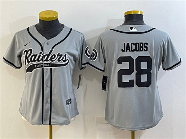 Women's Las Vegas Raiders #28 Josh Jacobs Gray With Patch Cool Base Stitched Baseball Jersey(Run Small)